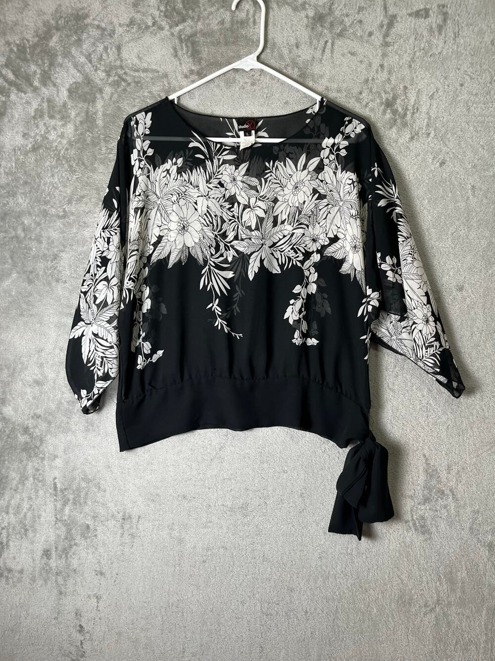 Vintage Y2K Floral Sheer Blouse Tie Hem 3/4 Sleeve Womens Large Black Baddie 90s